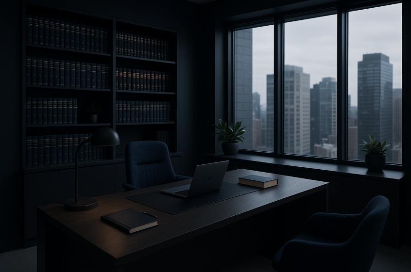 Modern law office with legal books